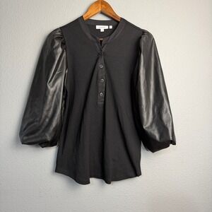 Chicos Black Ribbed Knit Top Y2K Faux Leather Sleeve Whimsigoth Grunge Size M